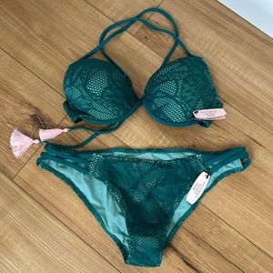 Victoria Secret teal swim w/ pink tassel the fabulous top 34B & cheeky bottom M
